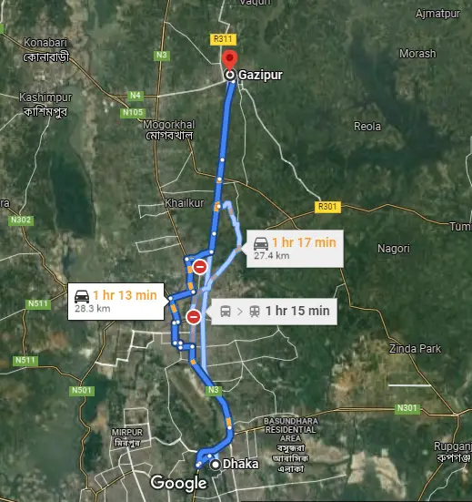 dhaka to gazipur safari park bus route